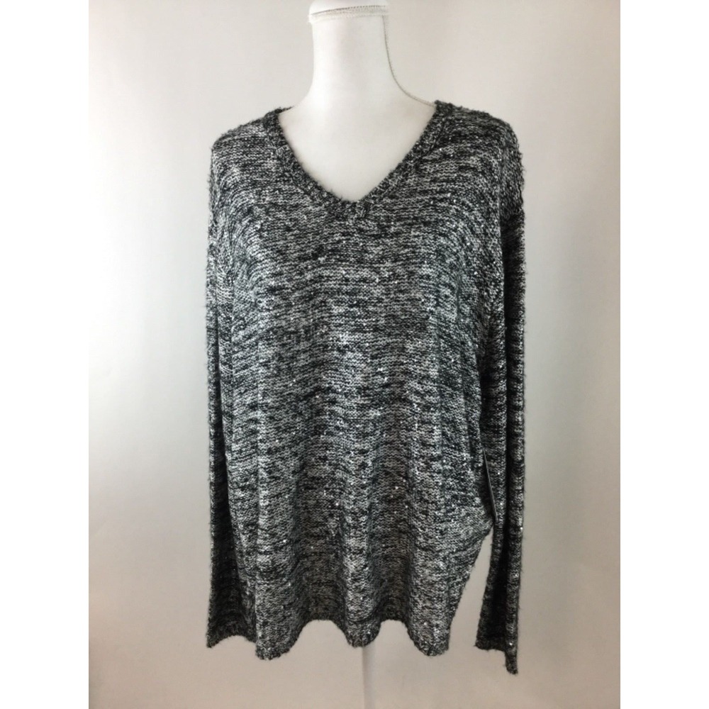 NWT Larry Levine Sweater black white sequin Woman V Neck XL Oversized knitted